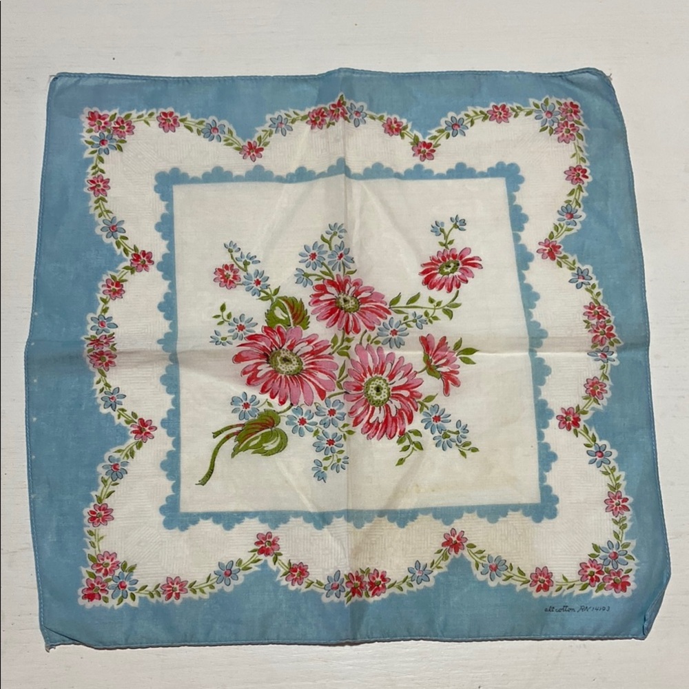 Vintage Blue White Floral All Cotton Handkerchief
